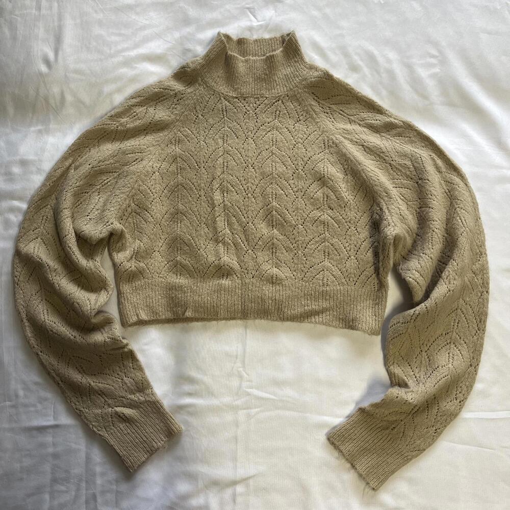 Ardene beige tan cropped mock neck crochet knit oversized sweater S